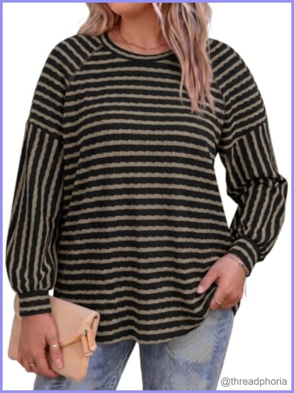 Plus Size Long Sleeve Striped Tunic Top Crew Neck Raglan